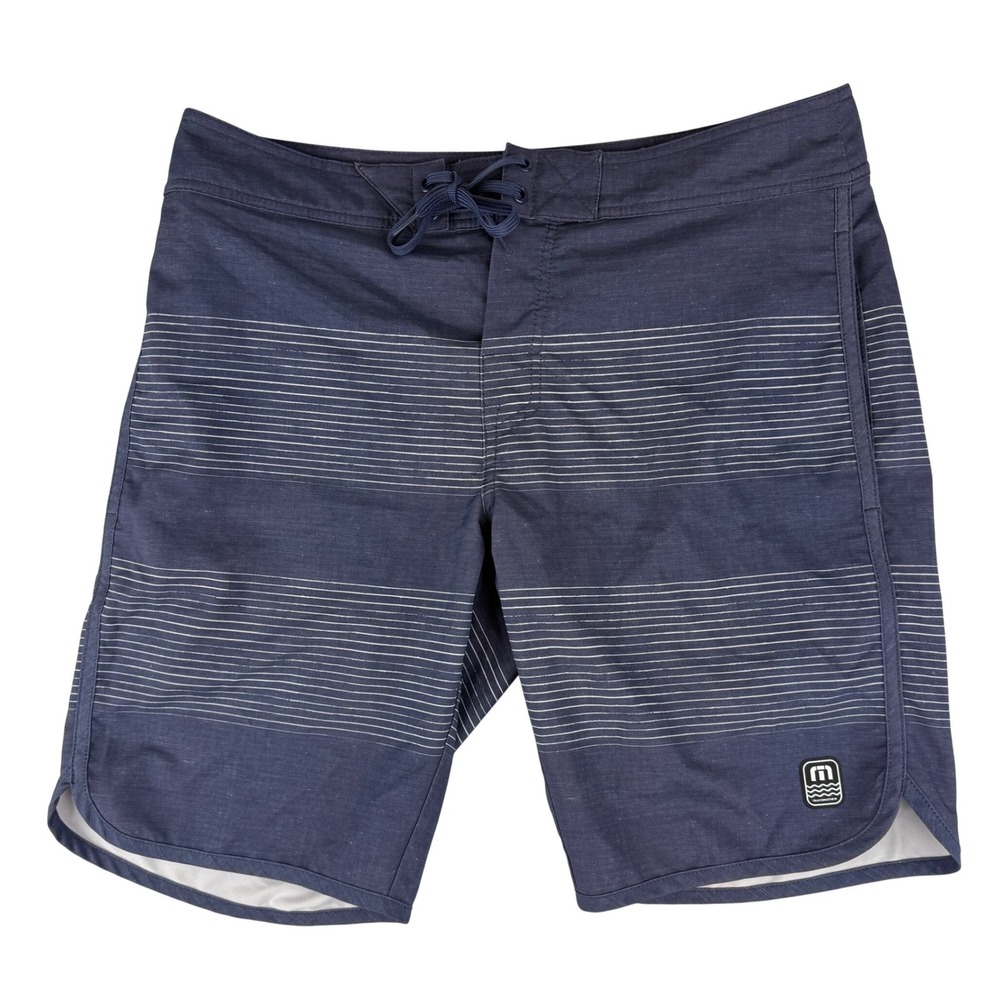 TravisMathew Board Shorts‎ Mens 32 Navy Blue Striped Stretch Swim Trunks